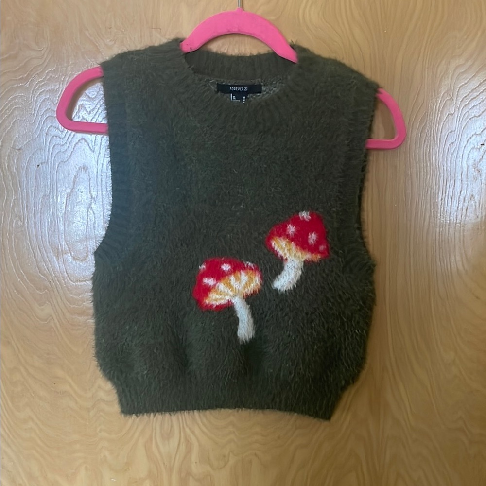 Forever 21 Olive Green Mushroom Fuzzy Sweater Vest